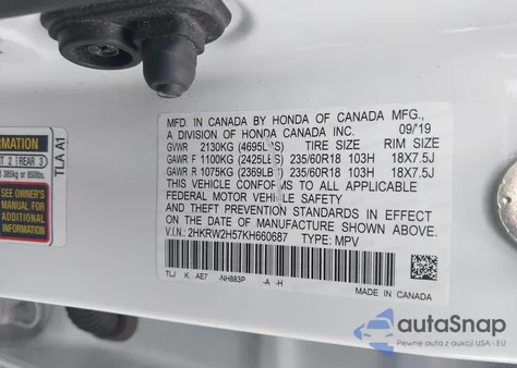 2019 Honda Cr-V Ex z USA, uszkodzony, nr VIN 2HKRW2H57KH660687